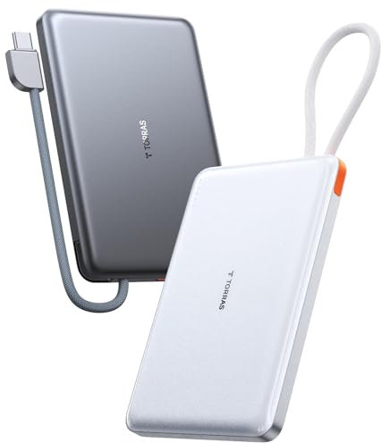 TORRAS Ultradünn Powerbank 10.000mAh, PD3.0-Schnellladen Power Bank mit USB-C Kabel, Tragbare Externe Handyakkus für iPhone 16/15 Pro Max, Samsung, Android, AirPods(Nicht kabellos) Grau Titan