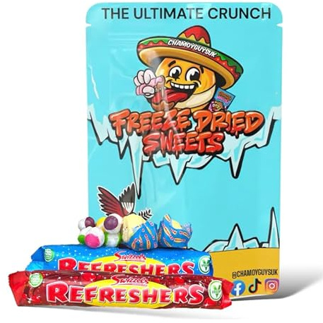 CHAMOYGUYSUK The Original Freeze Dried Fresher Sweets Mixed Bag | Freeze Dried Sweets | 1x Refresher Cherry Cola, Refresher Green Apple, Refresher Strawberry, Sour Crunch & Refresher | Halal