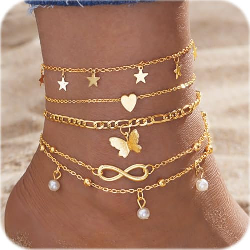 XYTAHDM Lot de 5 bracelets de cheville pour femme, bracelet de cheville étanche pour femme, bijoux de cheville pour femme, bijoux de cheville multicouches réglables