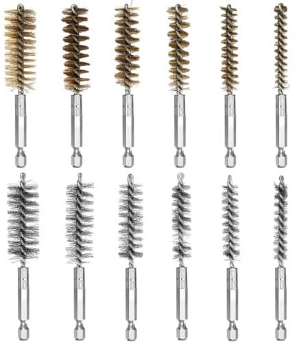 Lot de 12 brosses métalliques pour perceuse : 6 brosses en acier inoxydable et 6 brosses en cuivre, brosse cylindrique ronde avec tige hexagonale, brosse perforée pour polissage et dérouillage (8/10