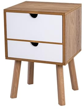 POSNORD Nachttisch mit Zwei Weiß Schubladen, Nachtschrank, MDF und Buchenholz, Mit Stauraum, Laminiert Niedriger Körper, Ideal für Schlafzimmer, 34,5x30x50,5 cm, Eichemuster