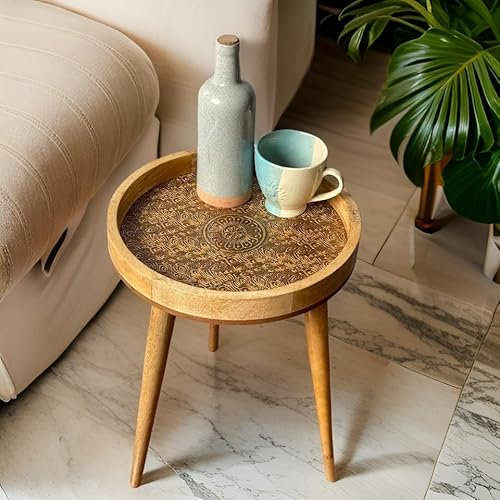 Hartsmede Mango Wood Side Table – Handmade 85% Artisan Small Coffee Table – 38cm Enamel Top – Resin-Coated – Two Heights: 18 or 24 – Lightweight & Strong – Living Room or Bedroom (Brass, Tall 24)