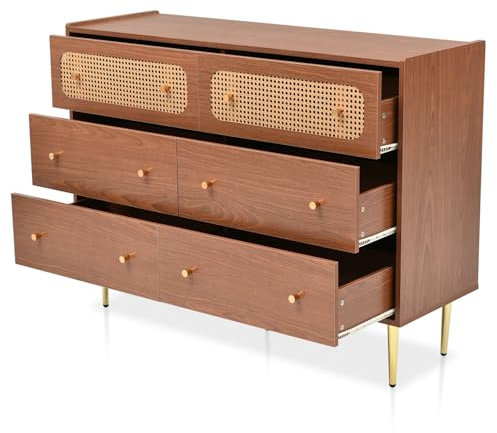 Kommode mit 6 Schubladen im Vintage-Look, Rattan Highboard Sideboard für Schlafzimmer Wohnzimmer Flur, Massivholzoptik Nussbaum, Metallbeine 20 cm hoch, großer Stauraum, Wasserdicht,Abgerundete Ecken