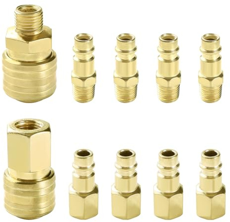 VooGenzek 10 Pezzi 1/4BSP Connettori Aria Compressore Kit, Raccordo Aria Compressa, Attacco Tubo d'Aria Compressore, per Tubo dell'aria Compressori, Oro