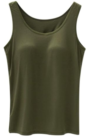 Generisch 2025 Women's Tank Tops with Built-in Bras 2024 Summer Casual Crew Neck Sleeveless Vest Plus Size Cotton Padded Workout Tops Cardigan Women's Short Sleeve, Army Green, L