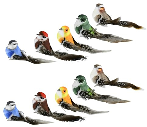 Yunyige Deko Vögel,Deko Vögel mit Federn,Dekos Vögels mit Clip,10 Stück Dekovögel zum Aufhängen,Mini Künstliche Federvögel für Garten Frühling Party Dekoration