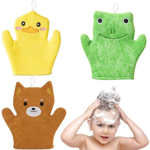 3 Guanti da Lavaggio in Microfibra, Salviette per Neonati, Salviette per Bambini Super Assorbenti e Morbide, Graziosi Guanti a Forma di Animale, Esfoliazione Delicata per Neonati, Bambini Piccoli