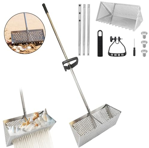 Strandrechen, Sandflohharke, Sandsieb aus Edelstahl mit Breitem Trapezkorb, Abnehmbarem Sandrechen, Sandflohrechen Strand, Faltbare Sandflohfalle für Den Strand