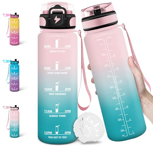 Motswedi Gourde, 1000ml Sans BPA, Gourde Plastique, Conception de Verrouillage Anti-Fuite, Bouteille, Avec Horodatage, Bouteille Motivation pour Sports, Camping, Cuisine - Rose&cyan