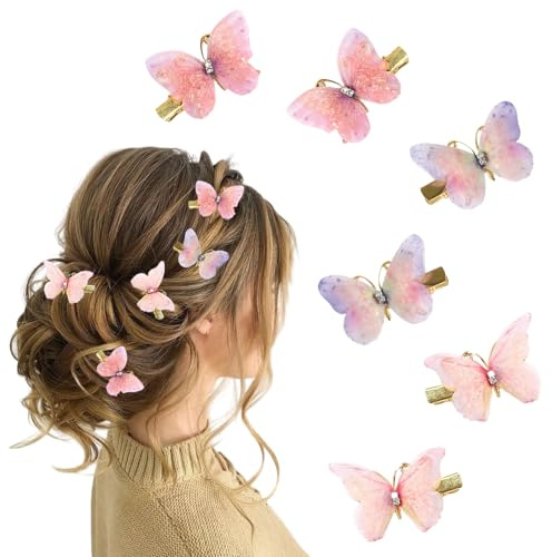 BAUCH Pinzas de Pelo Mariposa Set de 6, Pinzas Pelo 3D en Organza con Purpurina, Degradado Colores Pastel para Niñas & Mujeres