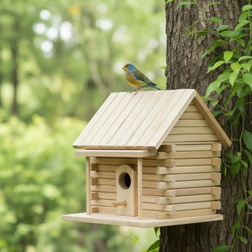 Vogelhäuschen für den Außenbereich – Rustikales hängendes Vogelhaus aus Holz, natürliche Gartendekoration für Zaunkönige, Meisen und Spatzen – Vogelhaus aus Holz