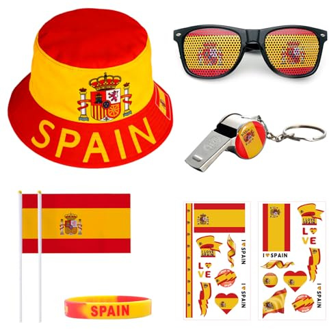 Spanien Fanartikel Fussball: Hut, Flagge, Brille, Trillerpfeife & Tattoos