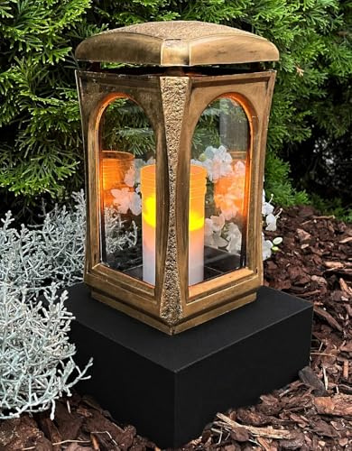 Grablaterne mit Sockel Classico Premium Massiv 28,0cm Farbauswahl Bronze Schwarz Silber Grabschmuck Kerze Grabkerze Grablampe wetterfest Fiedhof Grabkerze Grablicht Grableuchte Laterne Kerze (Bronze)
