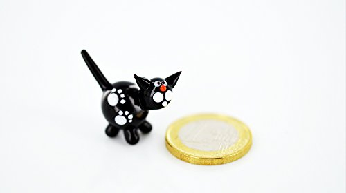 Unbekannt Katze Schwarz Mini - Miniatur Glasfigur Weiße Samtpfote - Figur aus Glas Schwarze Katze Kätzchen Spitzohr - Glasfigur Glastier Deko Setzkasten Vitrine Glückskatze