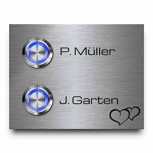 2 Fach Doppel-Türklingel aus Edelstahl mit Familiennamen | Modell Twin ab 9x7 cm - Individuelle Gravur und 2 Premium LED-Klingeltaster | Schöne Motive und Wunschtext