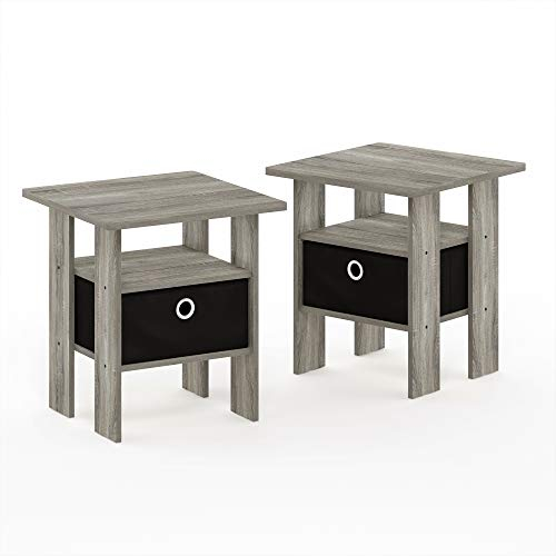 Furinno Andrey Side Table, Nightstand with Bin Drawer, French Oak/Black, Set of 2