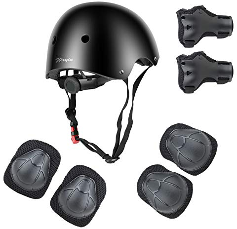 Wayin Conjuntos de Patinajes Niños Protecciones Patines Infantiles con Casco Ajustables Rodilleras y Coderas para Skate Bicicleta Monopatín Deporte(Negro)