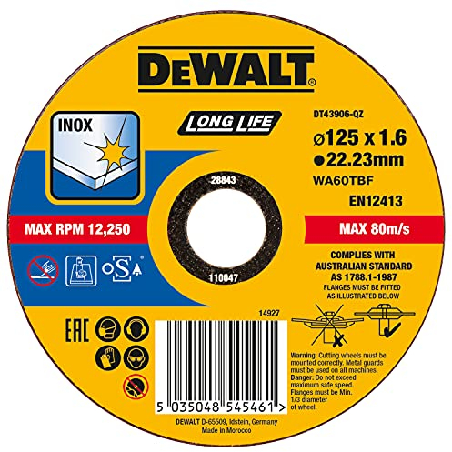 Dewalt DT43906-QZ Disque à tronçonner l'inox 125x22,2mm, épaisseur 1.6mm, moyeu plat