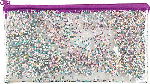 JMS we create smile - Holographic Glitter Foil Quicksand Transparent Pencil Case - Zipper Pen Bag Stationery Organizer (Purple Star Glitter Pouch)