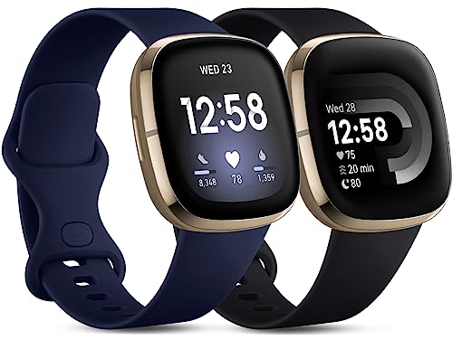 CeMiKa 2 Paquete Correa Compatible con Fitbit Versa 4/Versa 3 Correa/Fitbit Sense/Sense 2 Correa, Suave Deportiva de Repuesto Correa Compatible con Fitbit Versa 4/Versa 3/Sense, Pequeña Azul/Negro