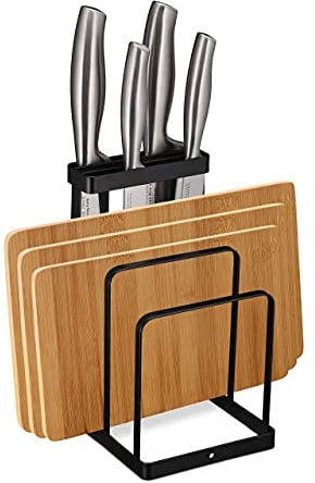 Relaxdays 2 in 1 Schneidebretthalter & Messerhalter, Metall, Brettchenständer Küche, Messerblock unbestückt, schwarz