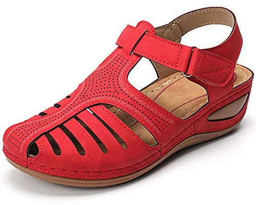 HHZY Sandales Femme Été Confortable Talon Compensées Nu-Pieds Mode Chaussure Orthopédique Bout Fermé Plateforme Cuir PU Grande Taille Chaussures de Plage,Rouge,37