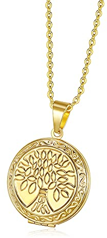 TOFBS Bilder Medaillon zum öffnen mit Kette Rund Blume Damen Herren Halskette Edelstahl Amulett Anhänger mit foto Schmuck (Gold*Lebensbaum)
