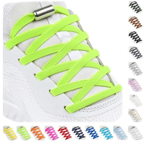Stepace 2 Pares Cordones Elásticos con Cerradura de Metal, Cordones Ajustables sin Atar para niños y Adultos, Cordones de Zapatos Sin Nudos para Zapatillas Deportivas Verde neón