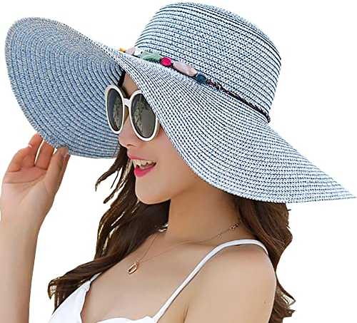 Chapeau de paille pliable à large bord, pour femme, avec protection SPF 50+, taille unique