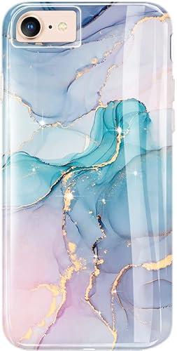 luolnh Compatible with iPhone Se 2022 Case,iPhone Se 2020,iPhone 7 8 Case,Bling Glitter Sparkle Marble Design Glossy Cover Case for iPhone Se 2020 6 7 8(Aqua Green)