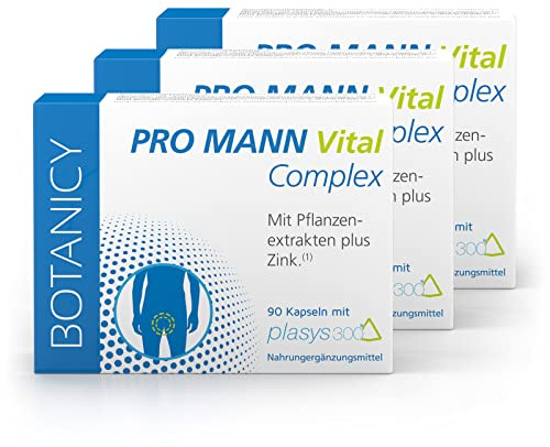 Botanicy PRO MANN VITAL COMPLEX 3er Set - Kürbiskern, Brennessel & Weidenröschen Extrakt + Zink - Mit Markenrohstoff Plasys 300® aus Pollenextrakten - Natürlich, Hormonfrei, Vegan - 270 Männer Kapseln