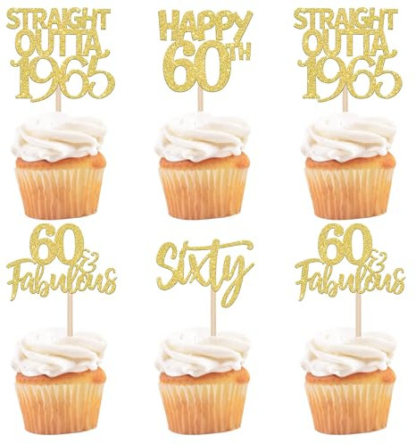 24 Stück 60th Geburtstag Tortendeko Straight Outta 1965 Cupcake Toppers Sixty Awesome Since 1965 Cupcake Picks 60 fabelhafte Tortendekorationen für 60. Geburtstag Gold