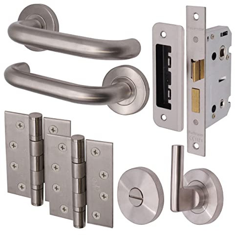 EAI Return to Door Lever on Rose Handle Bathroom Lock Kit – 4 inch Hinges - Satin Stainless Steel