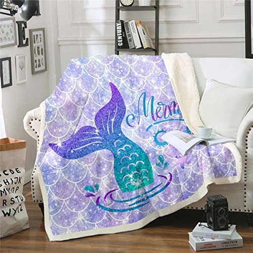 Meerjungfrau Schwanz Decke Glitter Fisch Schuppen Wurf Decke Kinder Nette Lila Regenbogen Farbverlauf Vlies Decke Kawaii Meerjungfrau Prinzessin Schlafzimmer Dekor Pailletten Sherpa Decke 100x130cm