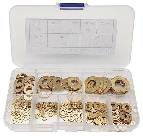 Yeeliv - Kit combinado de arandelas planas de latón con caja de plástico, M2/M2.5/M3/M4/M5/M6/M8/M10 (180 piezas)
