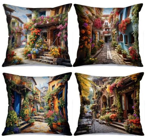 Tucocoo Moderne dekorative Kissenbezüge, 45 x 45 cm, Set mit 4 Kissenbezügen, Stadtstraßenlandschaft, bunte Blumen, quadratischer Kissenbezug, nordischer Stil, Bauernhaus-Kissenbezug für Couch