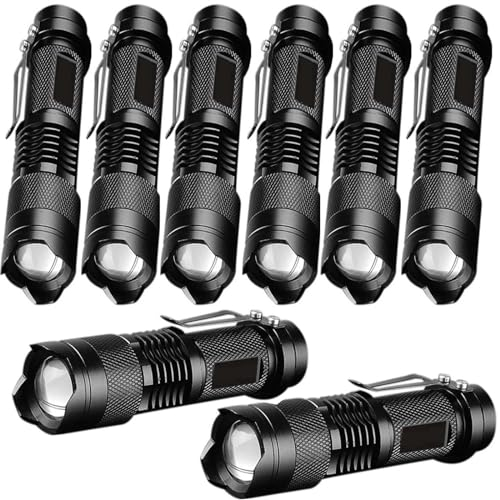 MODOAO Linterna LED de alto lúmenes, paquete de 8 linternas negras superbrillantes de enfoque ajustable, 3 modos de luz, mini antorcha alimentada por pilas, linterna impermeable de tamaño de bolsillo