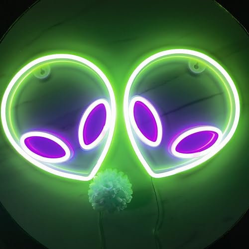 2 Stück Leuchtreklamen Alien LED Neonlicht Wanddekoration Teenager Spielzimmer Kinderzimmer ästhetisch Alien Leuchtreklame batterie oder USB betrieben Neonlichter Bar dekoration (lila, grün)