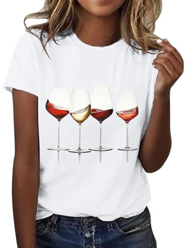 Fannyfuny Damen Oberteile Sommer Tshirt Weiß Kurzarm Bluse mit Rundhals Weinglas Drucken T-Shirt Tee Tops Pullover Teenager Mädchen Pulli Tunika Shirt Ausgefallene T Shirts Longbluse für Frauen