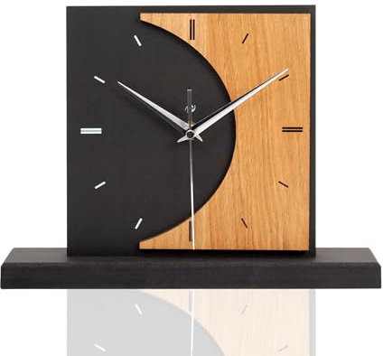 Kreative Feder Standuhr „Brown Moon“ aus Holz – Schwarze Tisch-Uhr ohne Ticken (Brown Moon, leises Quarzuhrwerk)