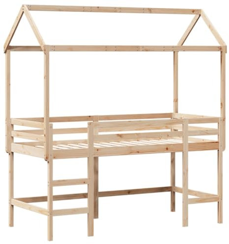 vidaXL Hochbett, Kinderbett mit Leiter Dach Sicherheitsgeländer, Spielbett für Kinderzimmer, Bett Holzbett Einzelbett, 90x200cm Massivholz Kiefer