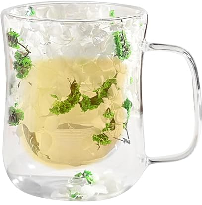 Tasse en verre à double paroi, tasses en verre à fleurs séchées - Tasses à thé en verre à double paroi fleurie,Tasse en verre transparent résistant à la chaleur de 400ml, avec motif de fleurs séchées,