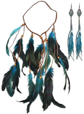 KGDUYC 1 pcs Blau Indian Feather Stirnband,Indianer kostüm Damen,Frauen Bohemien Feder Quasten Seil Weben Stirnband Gürtel Haarband Haarschmuck Hippie Boho Indisch Haarbänder