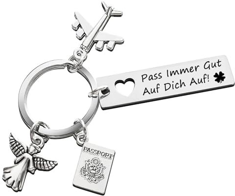 TJUSPIRIT Glücksbringer Reise Schlüsselanhänger mit Gravur Pass Immer Gut Auf Dich Auf Schutzengel Schlüsselanhänger mit Passport Flugzeug Anhänger Reise Flugzeug Glücksbringer Geschenk