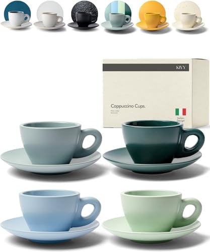 KIVY Lot de 4 tasses à cappuccino Barista - 240 ml - Tasses à cappuccino - En faïence à paroi épaisse - Avec soucoupe - Fabriquées à la main - Vertes et bleues