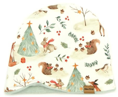 Kleine Könige Mütze Jungen Herbst Winter Kindermütze · Modell Fuchs Hase Weihnachtswald · Fleece Bio Aqua · Größe 110/116 (KU 50-52)