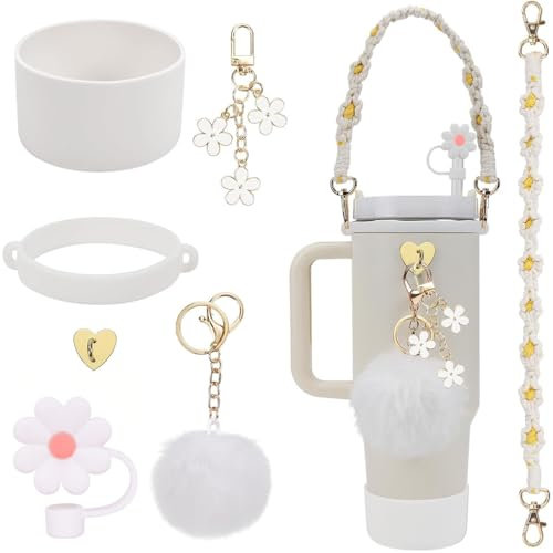 Stanley Cup Accessories Set, WADY 7PCS Including Silicone Boot, Boho Woven Handle Strap, Straw Cover Cap, Stanley Charms for Stanley Cup 30/40oz Tumbler (White)