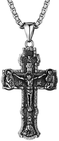 Aroncent Herren Orthodoxe Halskette mit Kruez: Vintage Kreuzkette mit Jesus Christlicher Schutzanhänger Religiöses Männerschmuck für Gebet Taufe Kirchliche Feiern