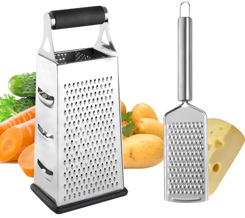 MEETOZ 2 Pcs Handheld Cheese Grater Set & Cheese Box Grater, Stainless Steel Vegetable Slicer Food Shredder 4-Sided Convenience Gadgets with Lemon Zester Grater with Handle, Kitchen Gadgets and Tools