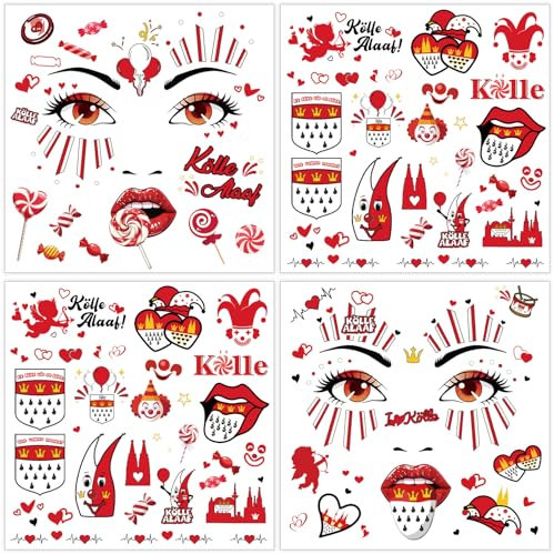 4 Blatt Gesichtstattoo Kölner Karneval Kostüm Damen Herren Gesicht Aufkleber, Klebetattoos Kölle Alaaf Rot Weiss Herz Clown Face Fake Tattoos, Erwachsene Faschingskostüme Schminke Accessoires